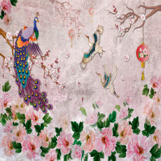 Papier peint mural « Paon, grues et fleurs » pour le salon