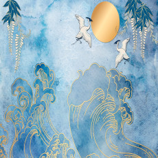 Papier peint mural « Vagues, grues et soleil doré » pour le salon