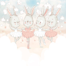 Papier peint photo « Lapines ballerines et nuages » pour chambre d'enfant aux tons pastel, papier peint intissé
