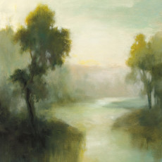 Papier peint mural « Rivière brumeuse et arbres » pour le salon