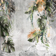 Papier peint mural « Feuilles tropicales » pour un salon en béton