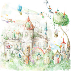 Papier peint mural « Château de conte de fées et arcs-en-ciel » pour chambre d'enfant
