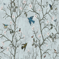 Papier peint mural « Oiseaux, branches et fleurs » pour le salon