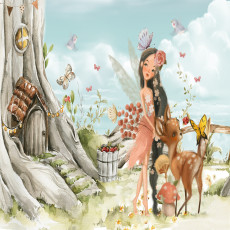 Papier peint mural « Forêt enchantée avec des cerfs et des fées » pour chambre d'enfant