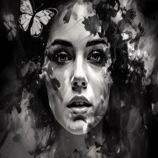 Papier peint mural représentant un visage de femme et un papillon, noir et blanc, pour le salon