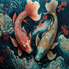 Papier peint mural « Carpes koï et vagues » pour le salon