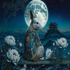Papier peint mural « Lapin, lune et pivoines » pour le salon