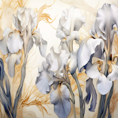 Papier peint mural blanc, bleu et or avec des iris pour le salon