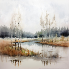 Papier peint mural « Lac aux bouleaux » (aquarelle) pour le salon