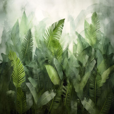 Papier peint mural « Banane et feuilles de palmier » pour un salon à l'ambiance brumeuse