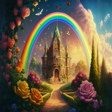 Papier peint mural « Château de conte de fées arc-en-ciel » pour chambre d'enfant