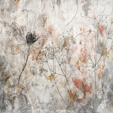 Papier peint mural avec un motif de fleurs en dessin au trait délicat, beige et gris, pour le salon