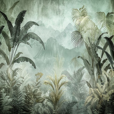Papier peint mural « Jungle tropicale, palmiers et brume verte » pour le salon