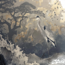Papier peint mural : grues, arbres, vagues, doré et gris, salon