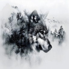 Papier peint mural « Loup, forêt, montagnes » noir et blanc pour le salon