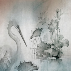 Papier peint mural « Héron et lotus » gris-vert pour le salon