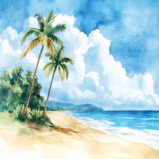 Papier peint mural « Plage tropicale, palmiers et mer bleue » pour le salon