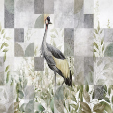 Papier peint mural représentant une grue couronnée et des feuilles géométriques, pour le salon et la salle à manger