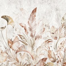 Papier peint mural « Feuilles et plumes » style bohème, beige et marron, pour chambre à coucher ou salon