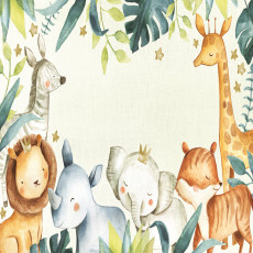Papier peint mural pour chambre d'enfant : animaux de la savane (girafe, lion, éléphant) - vert