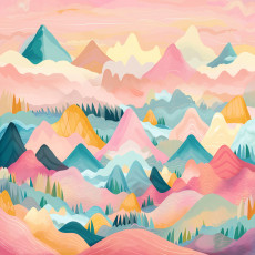 Papier peint mural : illustration colorée aux tons pastel représentant des montagnes, rose et bleu, pour le salon ou la chambre d'enfant