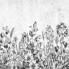 Papier peint mural représentant une prairie fleurie, gravure en noir, blanc et gris, pour le salon ou la chambre à coucher