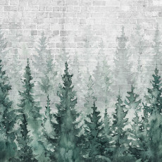 Papier peint mural avec des pins, aquarelle, brique, vert, blanc, salon, chambre