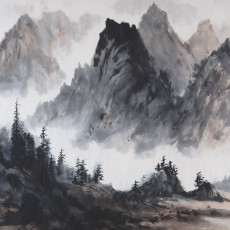 Papier peint mural « Montagnes » style sumi-e japonais, gris brume et noir, pour salon ou bureau