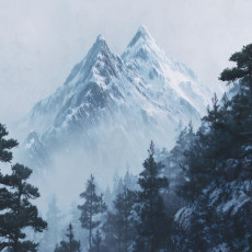 Papier peint mural : montagnes enneigées, pins, hiver, blanc, gris, salon, chambre