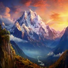 Papier peint mural : montagnes enneigées, coucher de soleil, vallée, orange, bleu, salon, chambre