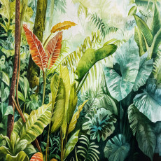 Papier peint mural « Feuilles de la jungle tropicale » : monstera, aquarelle, vert, salon, chambre