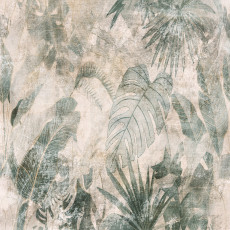 Papier peint mural : feuilles tropicales, monstera, palmiers, style vintage, vert et beige, salon, chambre