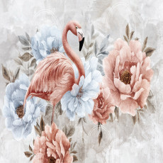 Papier peint mural flamants roses, pivoines, rose, bleu, aquarelle, gris, salon, chambre
