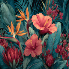 Papier peint mural tropical hibiscus, strelitzia, rouge et vert, pour salon ou chambre à coucher