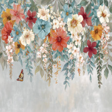 Papier peint mural avec fleurs et papillons, coloré, gris, pour le salon, la chambre ou la salle à manger