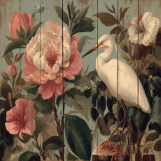 Papier peint mural : aigrettes, pivoines, hibiscus, planches de bois, style vintage, rose, salon, chambre