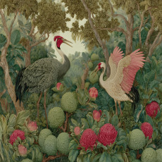 Papier peint mural : grues, oiseaux, jungle, chinoiserie, vert, rouge, salon, chambre