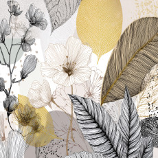 Papier peint mural fleurs, feuilles, plumes, croquis, doré, art déco, beige, salon, chambre