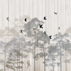 Papier peint mural : forêt, arbres, silhouettes d'oiseaux, planches de bois, beige, salon, chambre