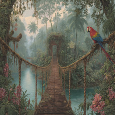 Papier peint mural : pont de corde dans la jungle, perroquet, vert tropical et marron, salon et chambre