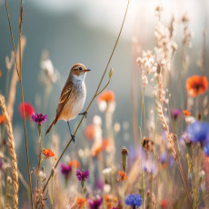 Papier peint mural représentant une prairie avec des oiseaux et des fleurs sauvages, dans des tons beige et orange, pour le salon ou la chambre à coucher