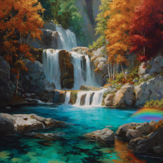 Papier peint mural : cascade, arbres d'automne, orange et bleu, peinture à l'huile, salon, chambre