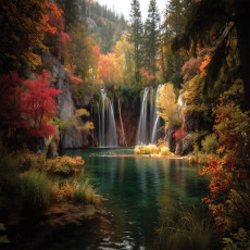 Papier peint mural : cascade, lac, arbres d'automne, rouge et orange, salon, chambre