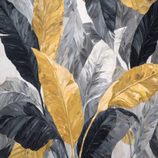 Papier peint mural « Feuilles de bananier » doré, noir et gris – style glamour – salon, chambre, salle à manger