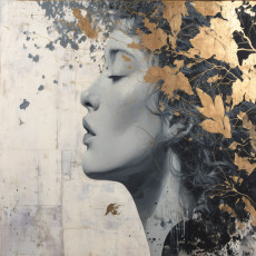 Papier peint mural : portrait de femme, feuilles dorées, bleu marine et gris, style glamour, salon ou chambre à coucher