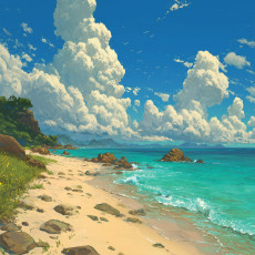 Papier peint mural : illustration de plage, mer et nuages, bleu, salon, chambre, enfants