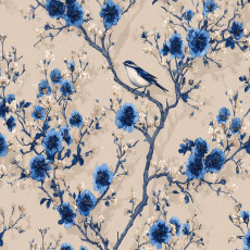 Papier peint mural chinoiserie : fleurs bleues, oiseaux et branches, beige, pour chambre à coucher ou salon