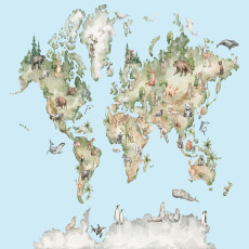 Papier peint mural : carte du monde avec des animaux, bleu, chambre d'enfant