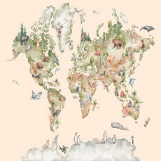 Papier peint mural représentant une carte du monde avec des animaux, couleur beige, pour chambre d'enfant