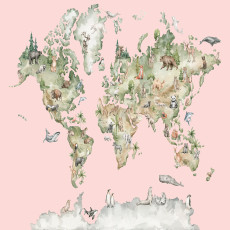 Papier peint mural représentant une carte du monde avec des animaux, rose, pour chambre d'enfant
